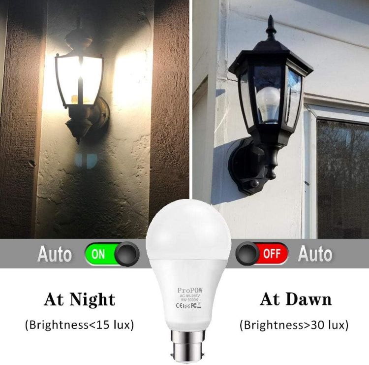 Picture of Dusk to Dawn LED Light Bulb 9W A60 (60W Equivalent) with Sensor, Automatic On/Off, Daylight White B22 2-Pack for Indoor Outdoor Use