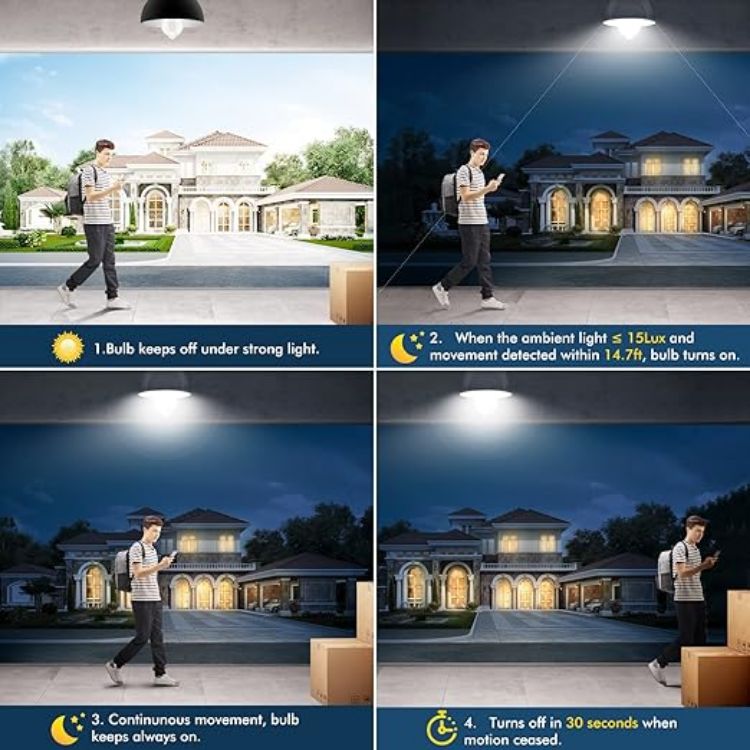 Picture of PIR Motion Sensor LED Bulb B22 12W (100W Equivalent) Cool White 6000K – Auto On/Off Bayonet Light Bulbs for Garage Corridor Basement 2 Pack