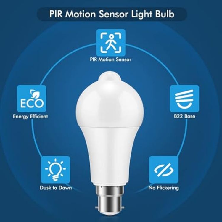 Picture of PIR Motion Sensor LED Bulb B22 12W (100W Equivalent) Cool White 6000K Auto On/Off – Smart Bayonet Light Bulbs for Garage Corridor Basement 4 Pack