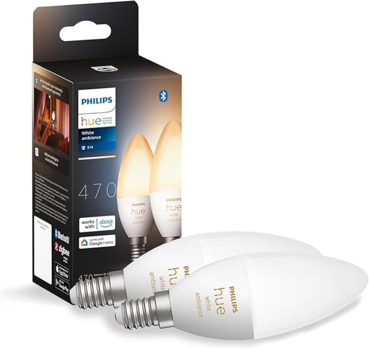Picture of Philips Hue White Ambiance Smart Bulb E14 2 Pack, Dimmable LED, Works with Alexa, Google Assistant & Apple HomeKit