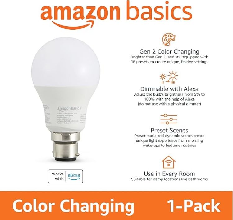 Picture of Smart Multicolor LED Bulb B22 8W (60W Equivalent), RGB Color Changing, Works with Alexa, Dimmable, 1 Pack