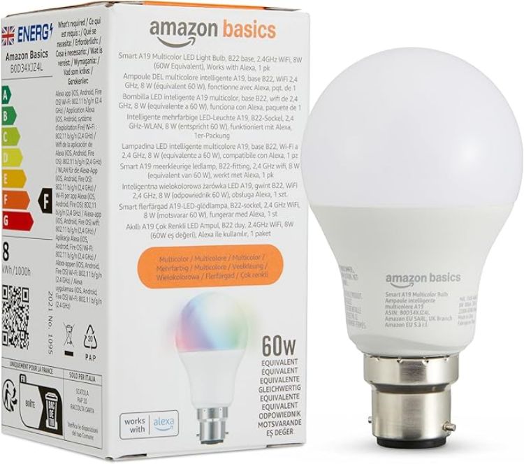Picture of Smart Multicolor LED Bulb B22 8W (60W Equivalent), RGB Color Changing, Works with Alexa, Dimmable, 1 Pack