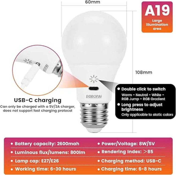 Picture of Rechargeable Smart RGB LED Bulb E27 8W, Remote Control, 2600mAh Battery, 9+3 Color Modes, Dimmable A19 Emergency Light