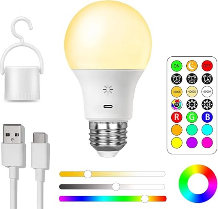 Picture of Rechargeable Smart RGB LED Bulb E27 8W, Remote Control, 2600mAh Battery, 9+3 Color Modes, Dimmable A19 Emergency Light