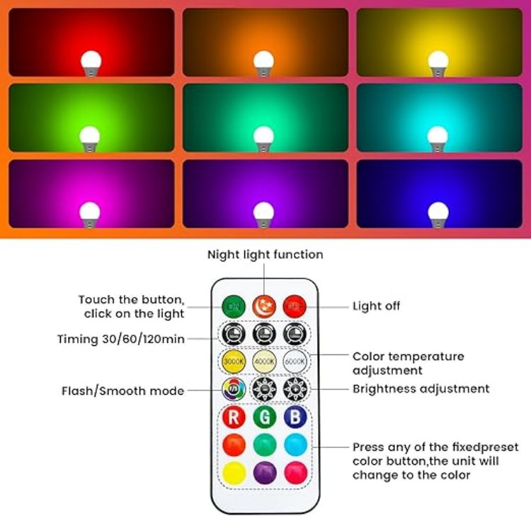 Picture of USB Rechargeable Smart LED Bulb E27 2 Pack, 8W RGB Color Changing, 2600mAh Battery, Remote Control, Dimmable A19 Emergency Light