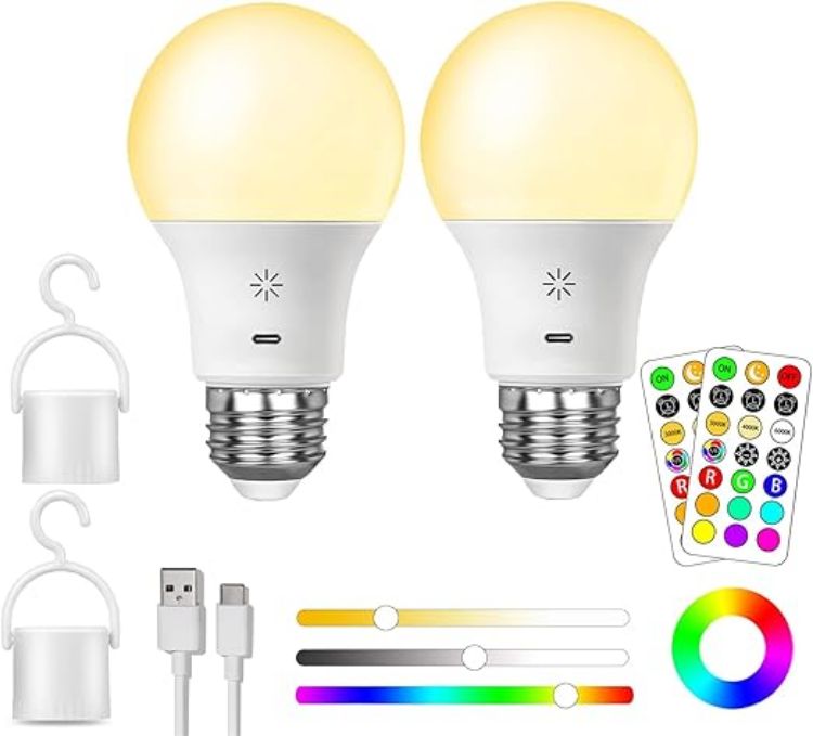 Picture of USB Rechargeable Smart LED Bulb E27 2 Pack, 8W RGB Color Changing, 2600mAh Battery, Remote Control, Dimmable A19 Emergency Light