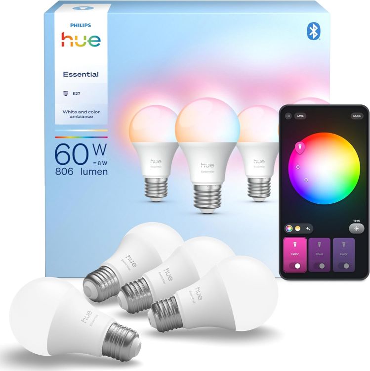 Picture of Essential Smart LED A60 Bulb E27 4 Pack, RGB & Tunable White 2200K–6500K, 806 Lumens, Dimmable, Works with Alexa, Google Assistant & Apple Home