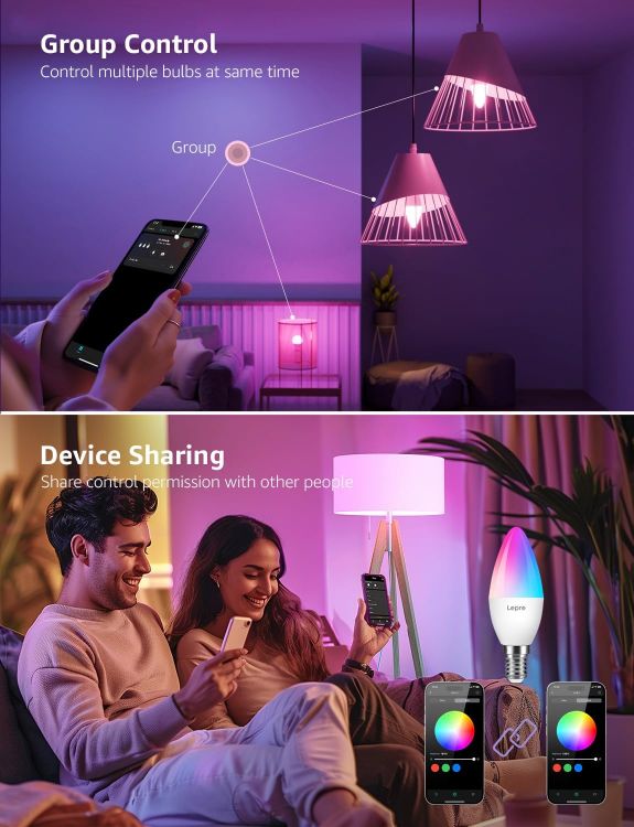 Picture of AI Smart Bulb E14 2 Pack, WiFi RGB Color Changing, Music Sync, Voice Control, Works with Alexa & Google Assistant