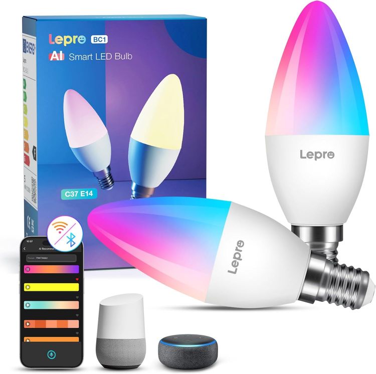 Picture of AI Smart Bulb E14 2 Pack, WiFi RGB Color Changing, Music Sync, Voice Control, Works with Alexa & Google Assistant