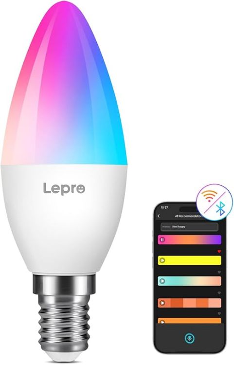 Picture of AI Smart Bulb E14 RGB Candle, WiFi & Bluetooth, Music Sync, Voice Control, Works with Alexa & Google Assistant