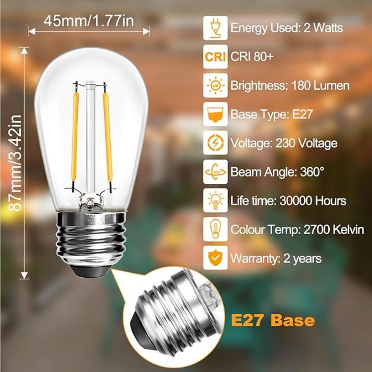 Picture of S14 LED Light Bulbs 6 Pack E27 2W 2700K Warm White | Shatterproof Outdoor String Light Replacement, 20W Equivalent