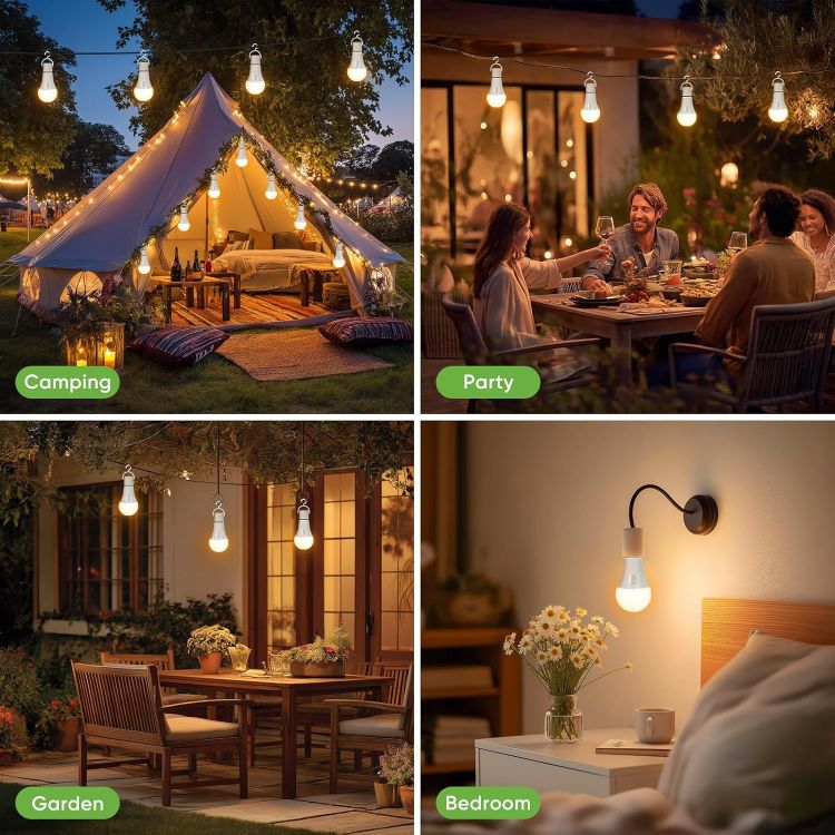 Picture of E27 Rechargeable Light Bulb 2 Pack 7W Battery Operated A19 LED | Remote Control, 3 Color Temperatures, Dimmable, Timer Camping Light