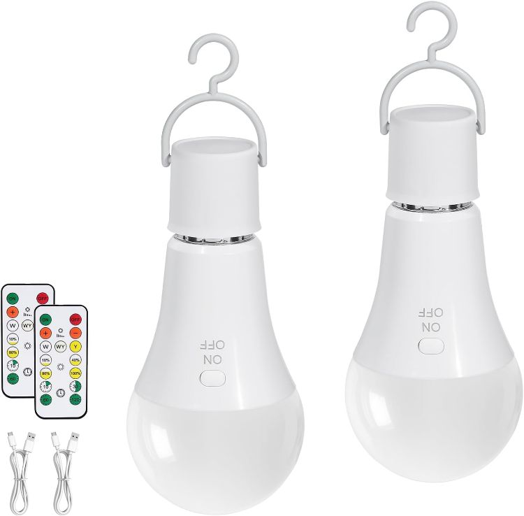 Picture of E27 Rechargeable Light Bulb 2 Pack 7W Battery Operated A19 LED | Remote Control, 3 Color Temperatures, Dimmable, Timer Camping Light