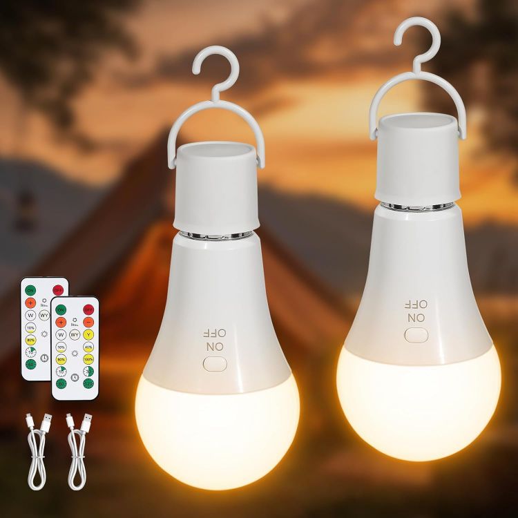 Picture of E27 Rechargeable Light Bulb 2 Pack 7W Battery Operated A19 LED | Remote Control, 3 Color Temperatures, Dimmable, Timer Camping Light