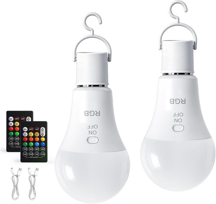 Picture of E27 Rechargeable RGB Light Bulb with Remote Control 2 Pack – 7W Battery Operated Wireless A19 LED Bulb with Timer & Hook