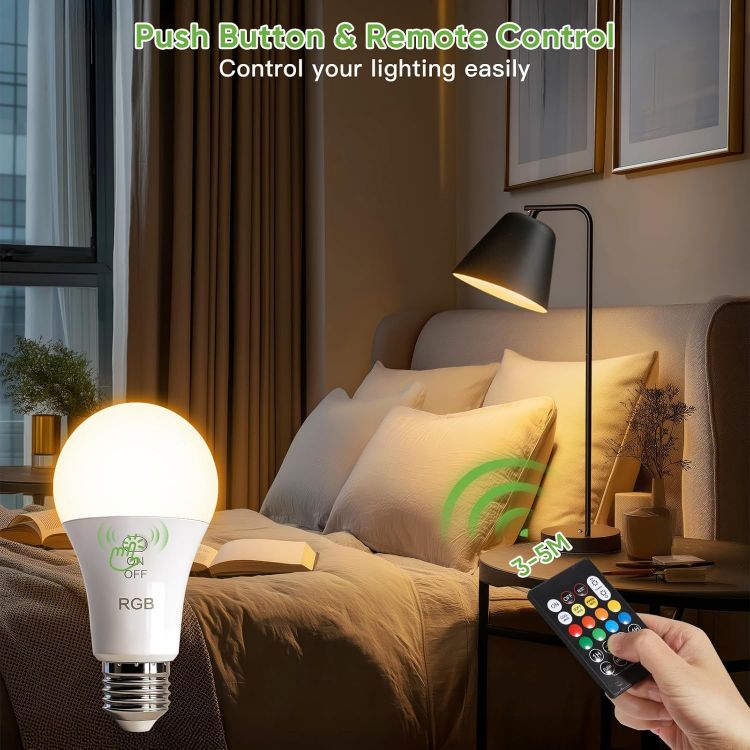 Picture of E27 Rechargeable RGB Light Bulb with Remote Control 2 Pack – 7W Battery Operated Wireless A19 LED Bulb with Timer & Hook