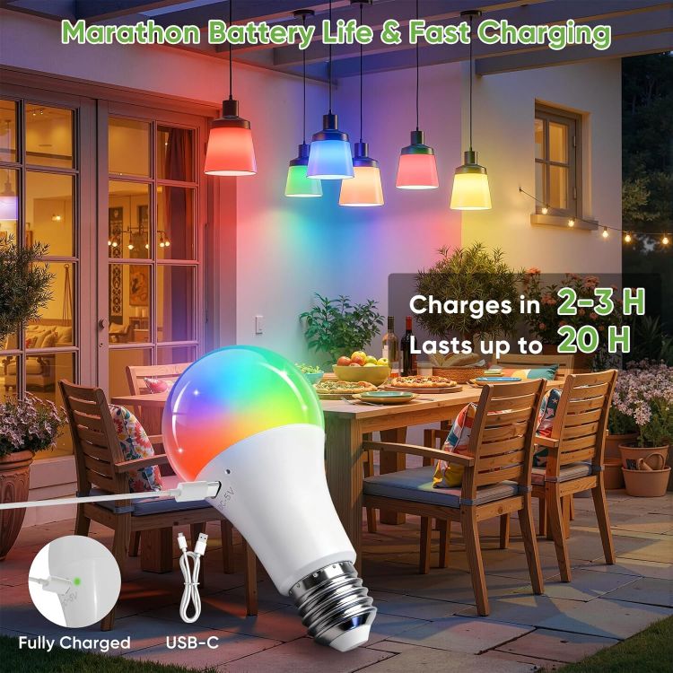 Picture of E27 Rechargeable RGB Light Bulb with Remote Control 2 Pack – 7W Battery Operated Wireless A19 LED Bulb with Timer & Hook