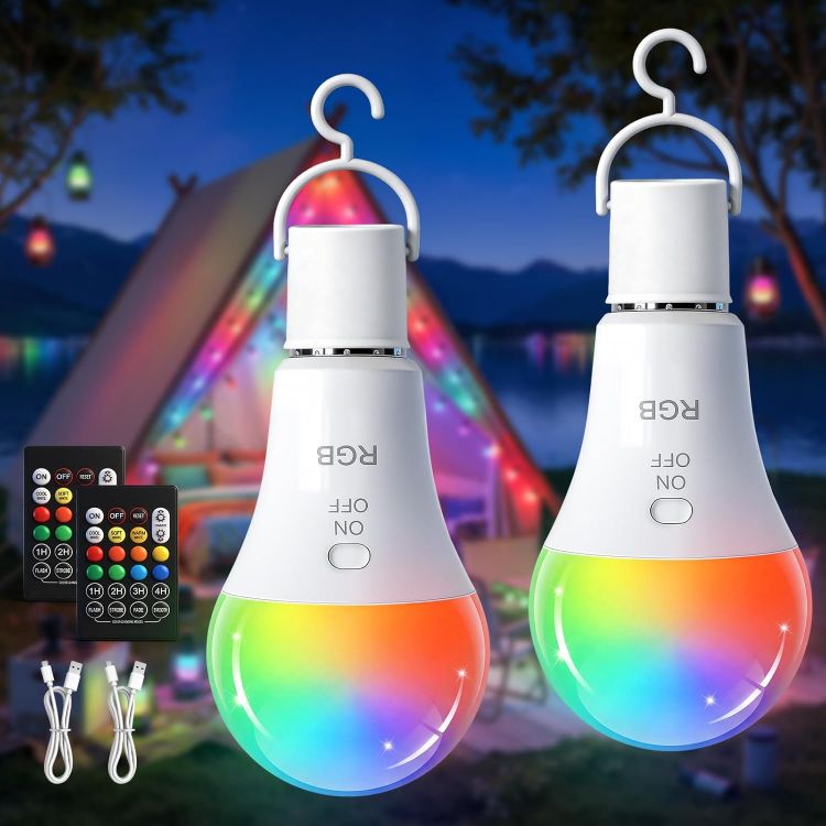 Picture of E27 Rechargeable RGB Light Bulb with Remote Control 2 Pack – 7W Battery Operated Wireless A19 LED Bulb with Timer & Hook