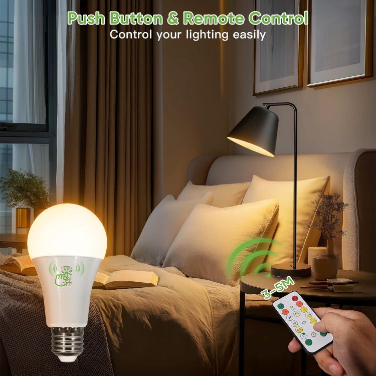 Picture of E27 Rechargeable Light Bulb with Remote Control 2 Pack – 7W Dimmable Wireless LED Bulb with 3 Color Temperatures, Timer & Hook for Camping and Emergency Lighting
