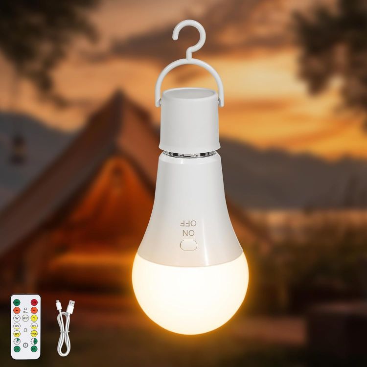 Picture of E27 Rechargeable Light Bulb with Remote Control 2 Pack – 7W Dimmable Wireless LED Bulb with 3 Color Temperatures, Timer & Hook for Camping and Emergency Lighting