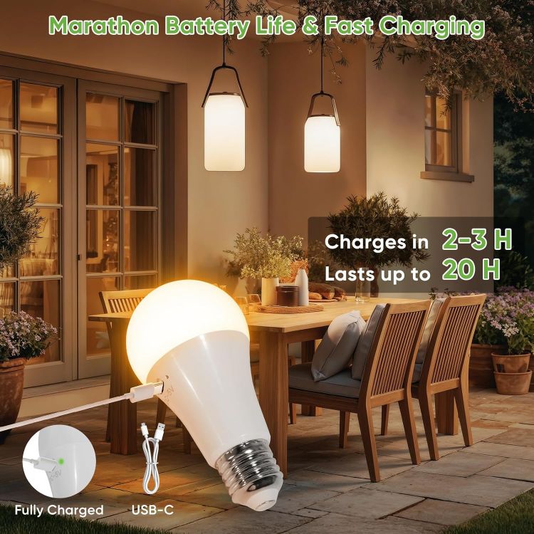 Picture of E27 Rechargeable Light Bulb with Remote Control 4 Pack – 7W Dimmable Battery Operated LED Bulb with 3 Color Temperatures, Timer & Hook for Camping and Emergency Lighting