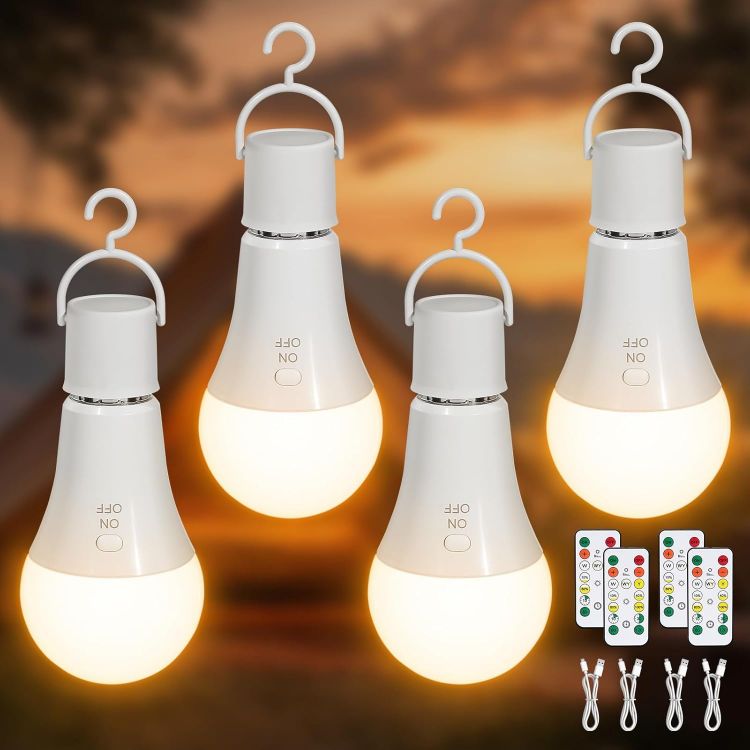 Picture of E27 Rechargeable Light Bulb with Remote Control 4 Pack – 7W Dimmable Battery Operated LED Bulb with 3 Color Temperatures, Timer & Hook for Camping and Emergency Lighting