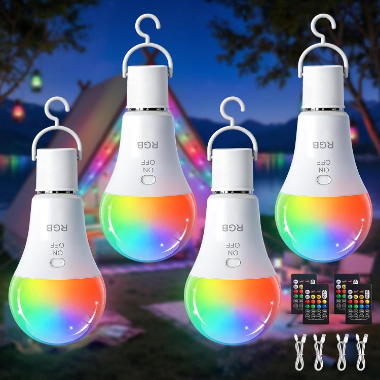 Picture of E27 Rechargeable RGB Light Bulb with Remote Control 4 Pack – 7W Dimmable Battery Operated Wireless A19 LED Bulb with Timer & Hook for Camping and Emergency Lighting