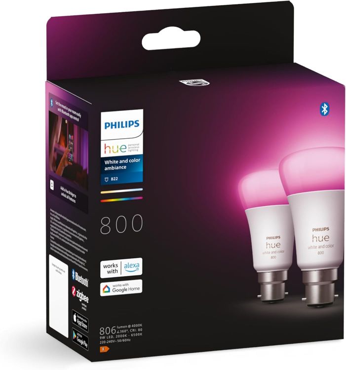 Picture of White and Colour Ambiance Smart Bulb Twin Pack B22 Bayonet Cap – 806 Lumens 60W Equivalent LED Smart Lighting for Living Room and Bedroom