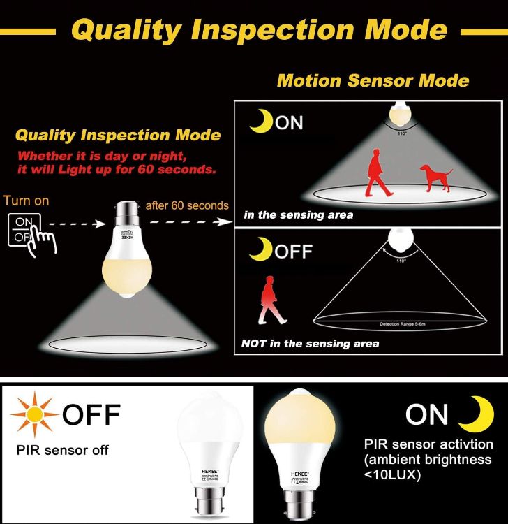 Picture of PIR Motion Sensor Light Bulb 9W B22 2 Pack A60 Warm White 2700K Bayonet Cap – 60W Equivalent Automatic Security LED Light [Energy Class E]