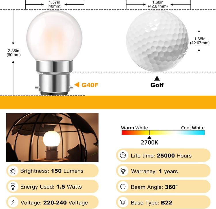 Picture of 1.5W Small B22 Bayonet Cap LED Bulb 2 Pack G40 Frosted Warm White 2700K – 15W Equivalent Low Wattage BC Golf Light Bulb CRI 90+ [Energy Class G]