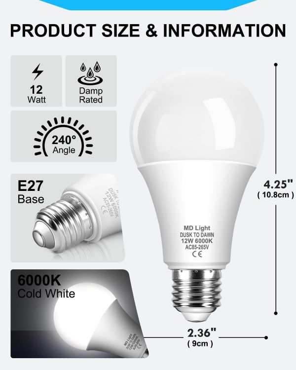 Picture of 12W E27 Dawn Till Dusk Light Bulbs 2 Pack – 6000K Daylight Smart Automatic On/Off ES Screw LED Bulbs for Outdoor and Indoor Lighting