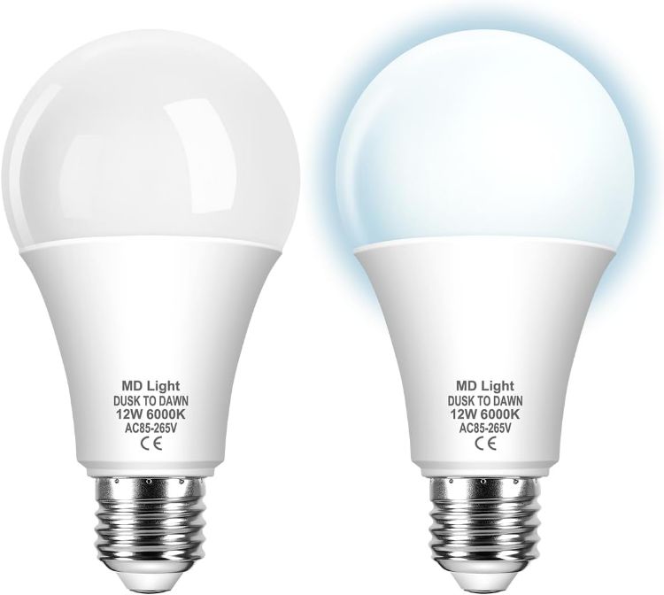 Picture of 12W E27 Dawn Till Dusk Light Bulbs 2 Pack – 6000K Daylight Smart Automatic On/Off ES Screw LED Bulbs for Outdoor and Indoor Lighting