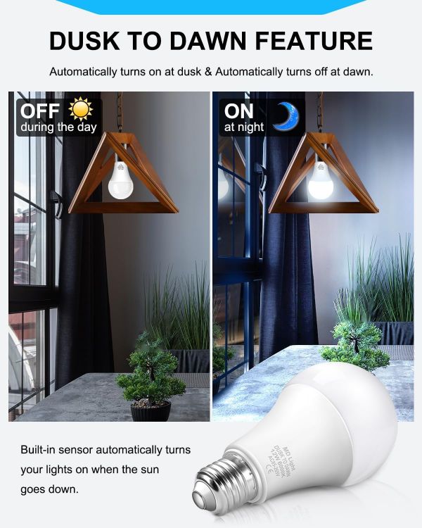 Picture of 12W E27 Dawn Till Dusk Light Bulbs 2 Pack – 6000K Daylight Smart Automatic On/Off ES Screw LED Bulbs for Outdoor and Indoor Lighting
