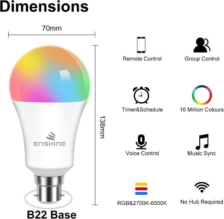 Picture of Bayonet Smart Bulb 15W WiFi Light Bulbs B22 – 1500 Lumens Colour Changing and Tunable White Compatible with Alexa and Google Home No Hub Required