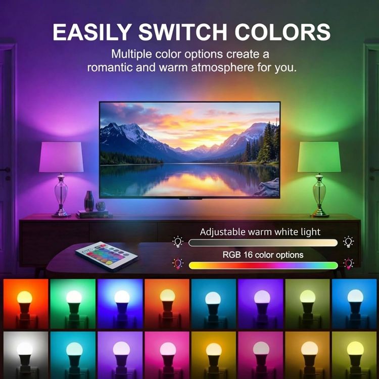 Picture of E27 Colour Changing Smart Light Bulb 5W G45 Dimmable LED RGB + Warm White with Remote Control 16 Colours 4 Lighting Modes 450LM 40W Replacement