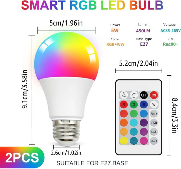 Picture of E27 Colour Changing Smart Light Bulb 5W G45 Dimmable LED RGB + Warm White with Remote Control 16 Colours 4 Lighting Modes 450LM 40W Replacement