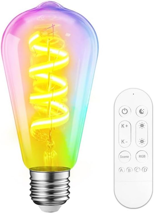 Picture of E27 Smart Filament Bulb Alexa Dimmable LED RGB WiFi ST64 Smart Light Bulb Compatible with Alexa Google Assistant Remote Control 6.3W 470LM