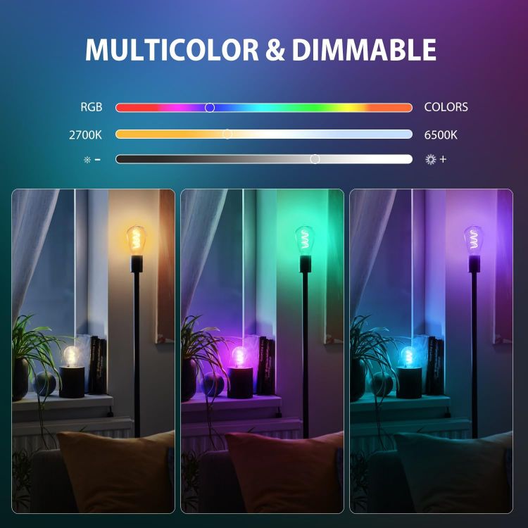 Picture of E27 Smart Filament Bulb Alexa Dimmable LED RGB WiFi ST64 Smart Light Bulb Compatible with Alexa Google Assistant Remote Control 6.3W 470LM
