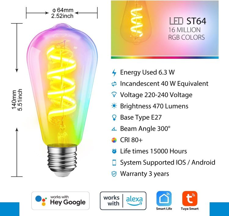 Picture of E27 Smart Filament Bulb Alexa Dimmable LED RGB WiFi ST64 Smart Light Bulb Compatible with Alexa Google Assistant Remote Control 6.3W 470LM