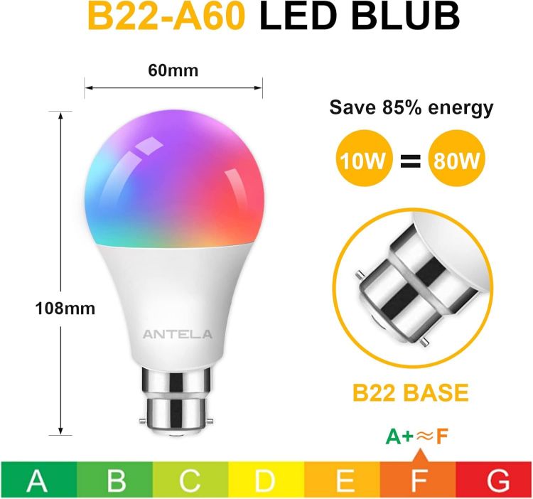 Picture of Smart Bulb B22 Alexa Light Bulbs 9W RGB WiFi LED Bulb 2700K-6500K Dimmable Colour Changing Smart Life App Control Compatible with Alexa Google Home 4 Pack