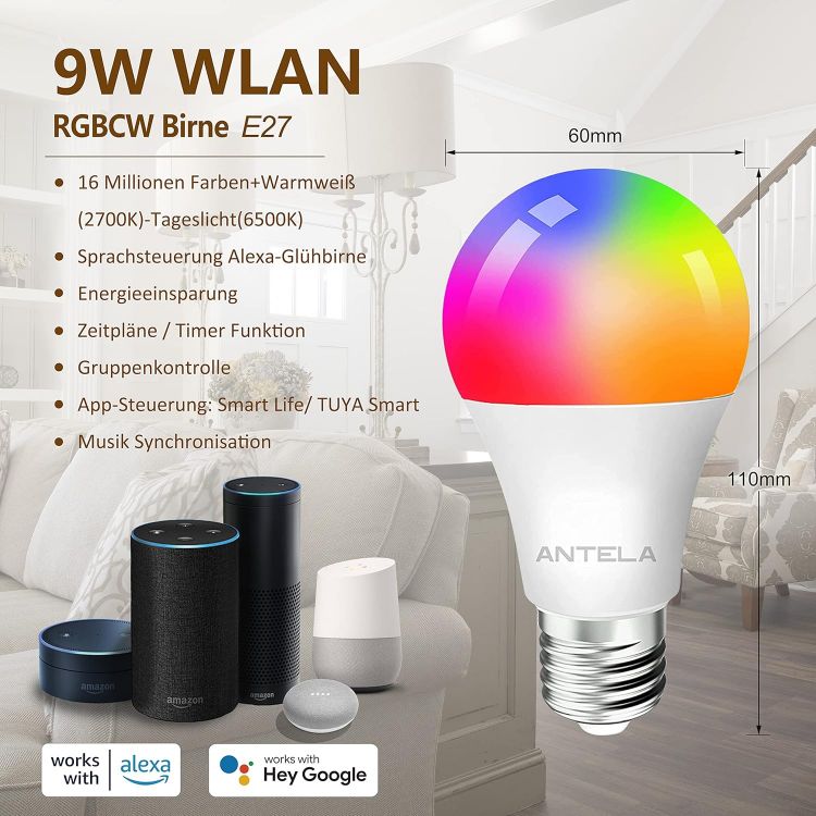 Picture of Smart Bulb E27 WiFi LED Multicolor RGB 9W Dimmable Warm White Cold White Alexa Google Home 2 Pack
