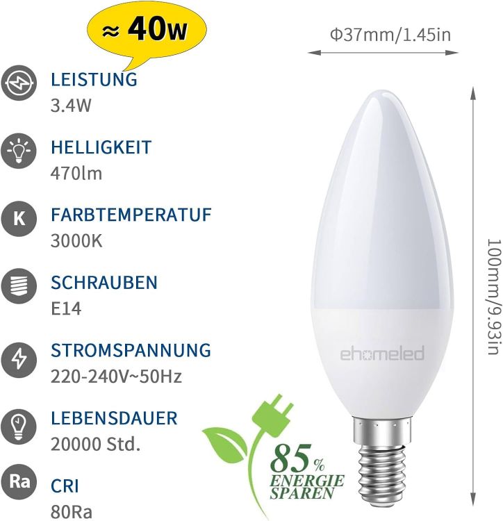 Picture of LED E14 Small Edison Screw Candle Bulb, C37 3.4W LED Bulbs 40W Equivalent, Warm White 3000K, 470LM, SES E14 LED Energy Saving Light Bulbs, Non-Dimmable for Dining Room Home Lighting, 