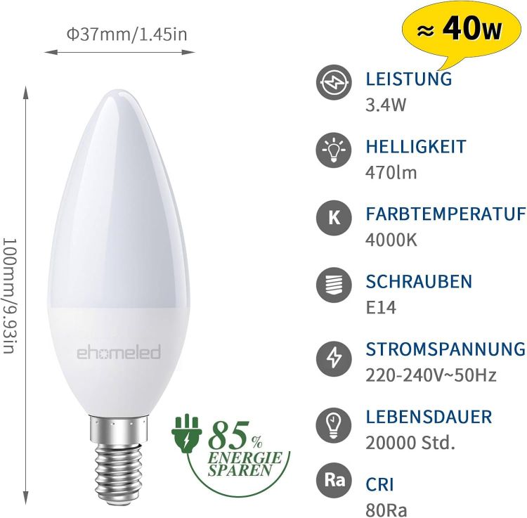 Picture of E14 LED Candle Light Bulbs, SES E14 Small Edison Screw Bulb, C37 3.4W (Equivalent 40W), 470LM, Natural White 4000K LED Energy Saving Light Bulbs, Non-Dimmable for Dining Room Home Lighting,  [Energy Class D]