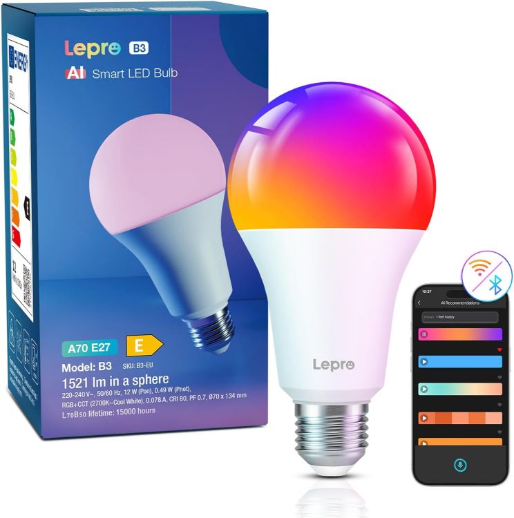 Picture of AI Smart Bulb E27, 1520LM Colour Changing Light Bulb, 12W(100W) WiFi Bulbs, Voice Control, Schedule & Timer, Work with Alexa & Google Assistant, Personalized AI Lighting Designer