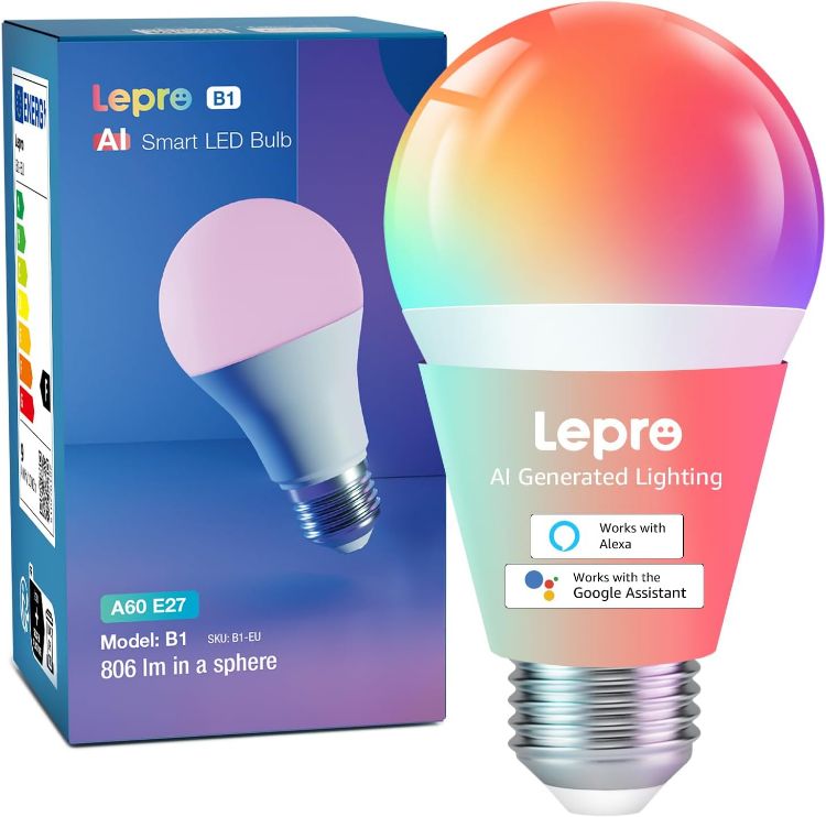 Picture of AI Smart Bulb E27, Music Sync WiFi Bulb, Voice Control Smart Screw Bulb, Colour Changing Light Bulbs, RGBCCT, Work with Alexa & Google Assistant, Personalized AI Lighting Designer [Energy Class F]