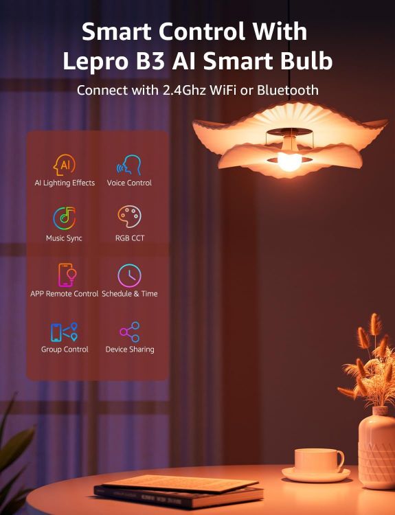 Picture of AI Smart Bulb E27, Music Sync WiFi Bulb, Voice Control Smart Screw Bulb, Colour Changing Light Bulbs, RGBCCT, Work with Alexa & Google Assistant, Personalized AI Lighting Designer [Energy Class F]