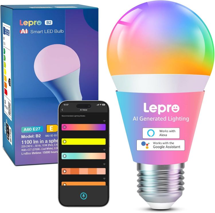 Picture of AI Smart Bulb E27, 1100LM Music Sync WiFi Bulb, Colour Changing & Voice Control Bluetooth Screw Light Bulbs, Personalized AI Lighting Designer, Work with Alexa & Google Assistant [Energy Class E]