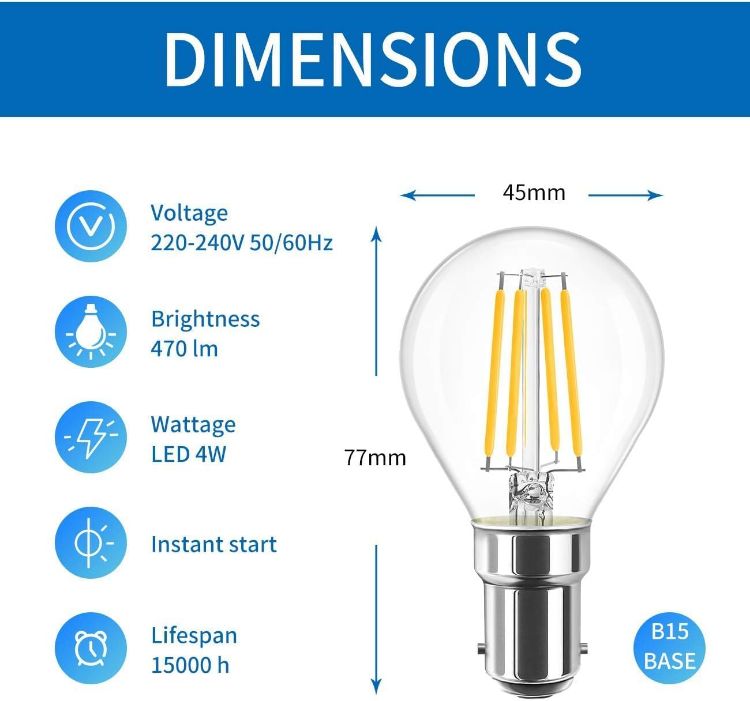 Picture of B15 LED Golf Small Bayonet Filament Bulb 40W Equivalent, 4W Small Bayonet P45 Golf LED 2700K Warm White LED Light Bulb Bayonet, 470Lm, 220-240V, 77 x 45MM, Non-Dimmable 