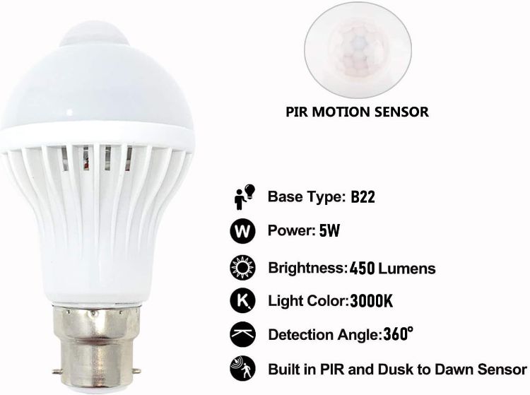 Picture of 5W B22 LED Motion Sensor Lights Indoor - Automatic Smart Motion Sensor PIR Light Bulb with Movement Activated Sensitive Sensors - Ideal Closet / For Stairs Sensor Lights Indoors Bulbs 3000K Bayonet - Warm White 5W - 50W Equivalent MSC (B22 Warm 1) [Energy Class A]