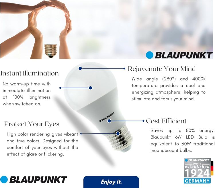 Picture of LED E27 A60 Bulb 6W, 600 Lumens, Natural White 4000K Daylight, Replaces 60W Halogen, 230° Beam Angle, Non-Dimmable, Energy-Efficient LED Light Bulb for Indoor/Outdoor Use, Pack of 4
